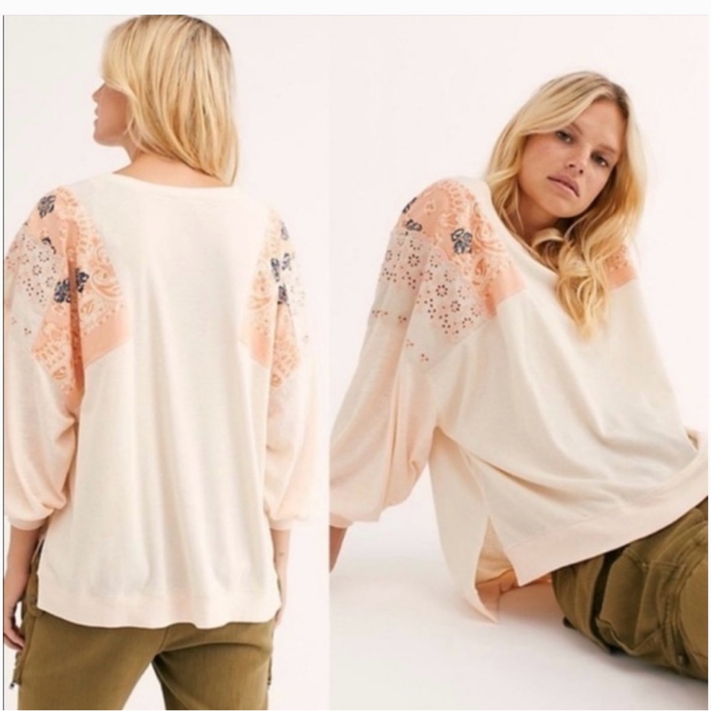 Free People Feelin' It Embroidered Peach Boho Oversized Top Sz L